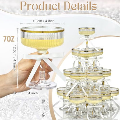 Set of 24 Plastic Champagne Coupe Glasses with Bow 7 oz Gold Champagne Tower Set Stackable Acrylic Ribbed Martini Glasses Cocktail Coupe Cup for Wedding Birthday Party Bar(Bowknot,White) - color: White, style: Bowknot