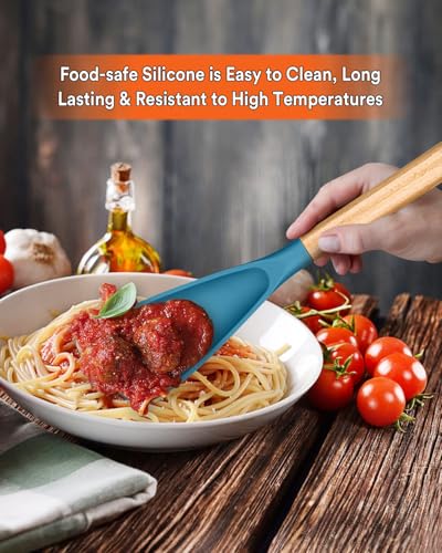 Multifunction Spoon for Nonstick Cookwares, Great for Cooking and Serving, Sturdy BPA-Free Matte Silicone, Wood Handle spoonula for Mixing, Scoop, and Scrape, Turquoise(2 pack,11.4" & 13.4") - color: TURQ