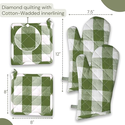 Buffalo Plaid Check Oven Mitts and Pot Holders Set, 100% Cotton, Heat Resistant, 2 Oven Gloves (7x13 Inches) and 2 Hot Pads (8x8 Inches) for Cooking and Baking, Mint Green White - color: Mint Green, Buffalo Plaid