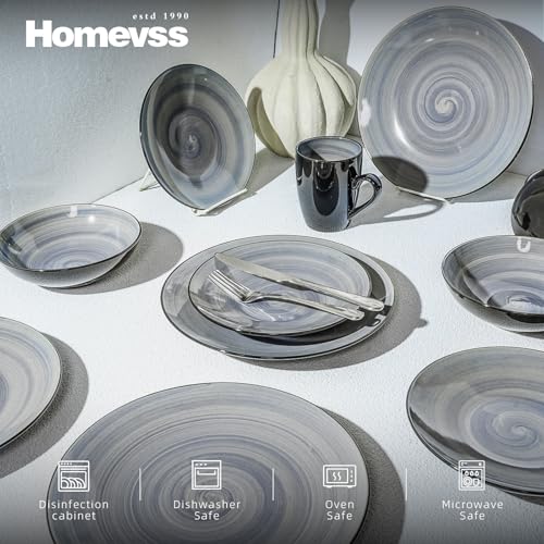 HomeVss, Sonoma Stoneware Dinnerware Set, Outside Black + Inside Hand Painting Color (16pc Set, Grey) - color: Gray