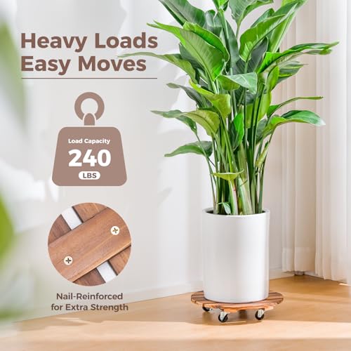 Bamworld Plant Stand with Wheels Plant Caddy Outdoor 4 Pack 12in Rolling Planter Caddy with Swiveling and Lockable Caster for Indoor Patio Plant Dolly Wood Wheeled Mobile Roller - size: 12inch-Round-4 pack