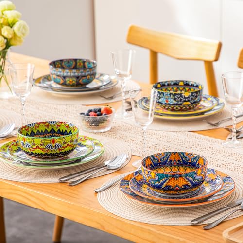 vancasso 18-Piece Dinnerware Sets,Ceramic Plates and Bowls Sets Service for 6, Bohemian Style Porcelain Dishes Set for 6, Microwave and Dishwasher Safe, Scratch Resistant,Non Toxic, Series KRVI - size: Service for 6 (18 Pcs)