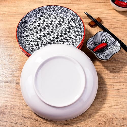 4-Piece Ceramic Salad Plate Set, 8-Inch Round Dessert Plates with Black & White Wave Motif, Modern Serving Dish with Vibrant Red Rim, Microwave & Dishwasher Safe, Stackable Plates for Sushi & Snacks - color: BL