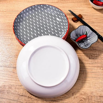4-Piece Ceramic Salad Plate Set, 8-Inch Round Dessert Plates with Black & White Wave Motif, Modern Serving Dish with Vibrant Red Rim, Microwave & Dishwasher Safe, Stackable Plates for Sushi & Snacks - color: BL