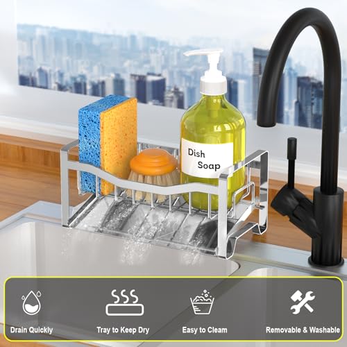 Stainless Steel Kitchen Sink Caddy Organizer with Auto Drain Tray, Sponge Holder for Countertop Storage Silver - color: Silver
