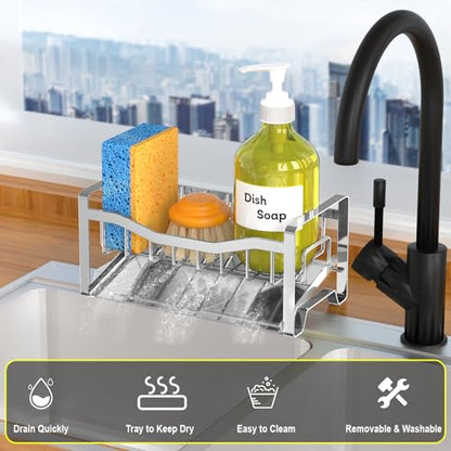 Stainless Steel Kitchen Sink Caddy Organizer with Auto Drain Tray, Sponge Holder for Countertop Storage Silver - color: Silver
