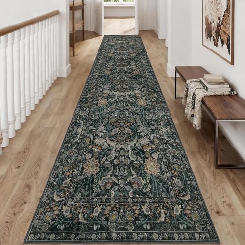 Vintage Botanical Runner Rug 2x12: Floral Carpet Non-Slip - Dark Green | Classic Dark Tone Pattern Fits Large Living Spaces - Washable, Stain Resistant, Low Pile for Hallway Pet Friendly - color: Dark Green, size: 2' x 12' (Rectangular)