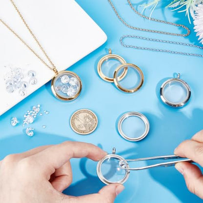 4pcs Photo Locket Charms Necklace Round Stainless Steel Locket Pendants Crystal Double-Sided Picture Frame Memory Locket Charm with 17.7inch Chain for Wedding Jewellery Making Photo - color: Silver and Gold
