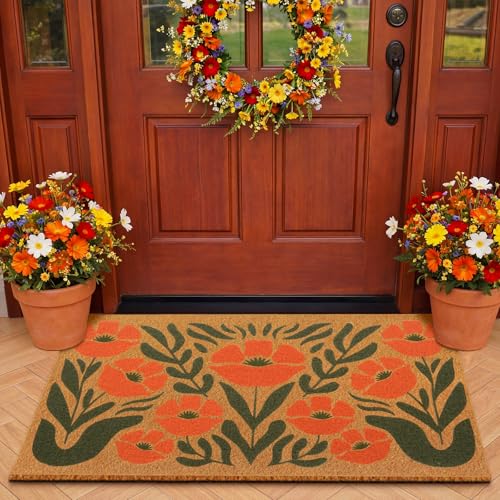 Duraaamo Retro Poppy Doormat Boho Outdoor Mat Floral Welcome Pattern Non Slip Summer Floor Mat for Front Porch Entryway Decor - style: Retro Poppy