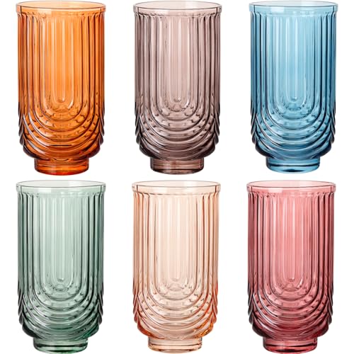 Colored Vintage Drinking Glasses Set of 6-17oz Hand-Blown Highball Ribbed Glassware, Arch Design Cocktail Glasses for Whiskey Water Beverages Ice Coffee Juice Milk - color: Multicolor, size: 17oz