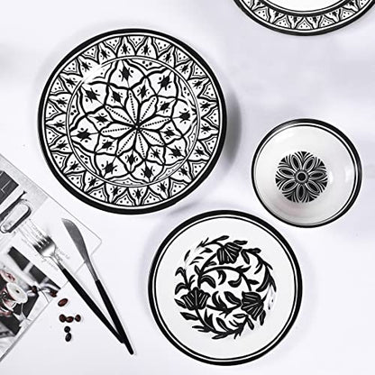 Melamine Dinnerware Sets-12pcs Melamine Plates and Bowls Set, Round | Unbreakable, Dishwasher Safe, Indoor Outdoor Use, Ideals for Parties, Camping Dish Set, Black and White Pattern - color: Black White