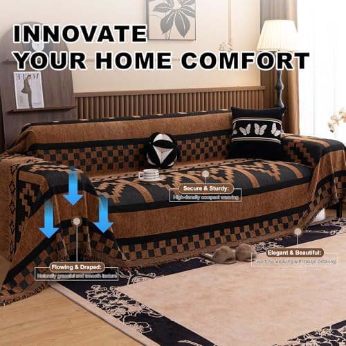 ROOMLIFE Dark Brown Couch Cover 3 Cushion Sofa, Washable Non Slip Furniture Sofa Protector Cover, Soft Chenille Sofa Slipcovers Sectional L Shape Dogs Couch Cover Throw Blanket with Tassels71''X118'' - color: Yd#brown, size: Large（71*118IN）
