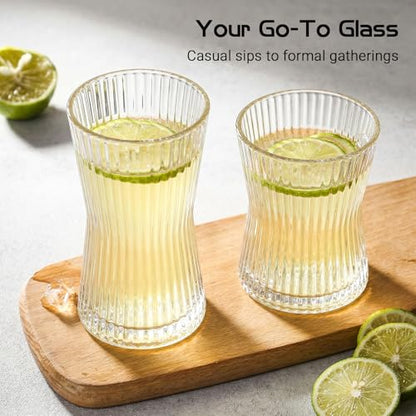 JOVGANK Drinking Glasses Set of 8 – Lead-Free Crystal Glassware, 4 Tall 10oz & 4 Short 8.5oz Vintage Ribbed Tumbler Glasses, Dishwasher Safe, for Juice Beer Cocktails, Great Housewarming Gift, Set B - style: X