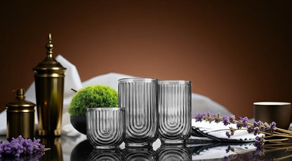 16 Piece Smoke Glassware Set, Beautiful Art Deco Black Drinking Glasses, Ribbed U-Shape Design, 8 Highball 17oz and 8 Whiskey 11oz DOF Handwash Only - style: Smoke S/16 17oz 11oz