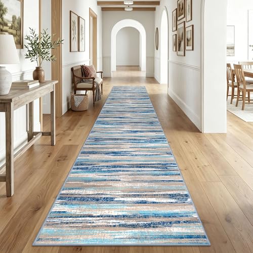 Lansny Abstract Washable Runners for Hallway 2.6x18 Runner Rug Non Slip | Blue;Thin Printed Faux Wool Rug Runner;Rubber Backed Floor Carpet 18ft;Extra Long Runner Rugs for Hall Entryway Kitchen - color: Blue Aqua/Beige Taupe Multi, size: 2'7" x 18' (Runne