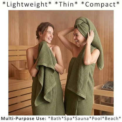 PÜSKÜL 2-Piece Natural 100% Turkish Cotton Waffle Bath Towels Extra-Large | Khaki Green 32x63" Bath Sheet Towel Light Soft Absorbent Quick-Dry Lint-Free Premium Honeycomb Weave Oeko-Tex Made in Turkiye - color: Khaki Green