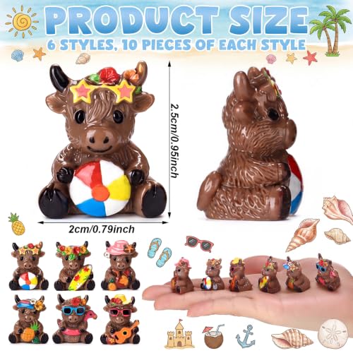 Yaomiao 60 Pcs Mini Highland Cow Figurines Resin Hawaii Highland Cow Figurines Summer Miniature Resin Gift Hawaii Decorations for Beach Hawaiian Party Favor Gift Tiered Tray Decor - style: Hawaii Highland Cow
