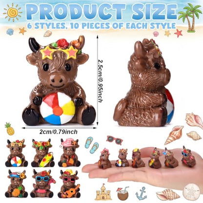 Yaomiao 60 Pcs Mini Highland Cow Figurines Resin Hawaii Highland Cow Figurines Summer Miniature Resin Gift Hawaii Decorations for Beach Hawaiian Party Favor Gift Tiered Tray Decor - style: Hawaii Highland Cow