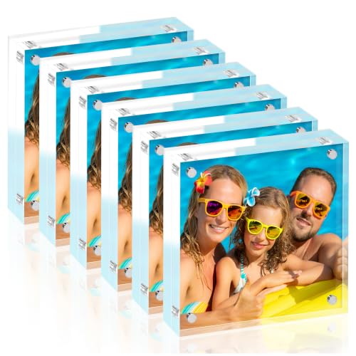 4x4 Acrylic Picture Frame Set of 6, 20mm Thick, Tabletop Display | Double-Sided Transparent Magnetic Frameless Photo Frame, for Office or Home Decor, for Photos, Fits Home, Office - size: 4x4