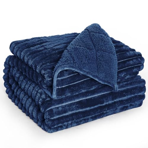 Ultra-Soft Weighted Blanket for Adults(15 lbs, 60” x 80” Queen Size) | 3D Striped Sherpa Fleece Reversible Heavy Blanket with Glass Beads, Perfect for 140-190 lbs, Machine Washable, Navy Blue - color: Striped Navy Blue, size: 60" x 80" 15lbs