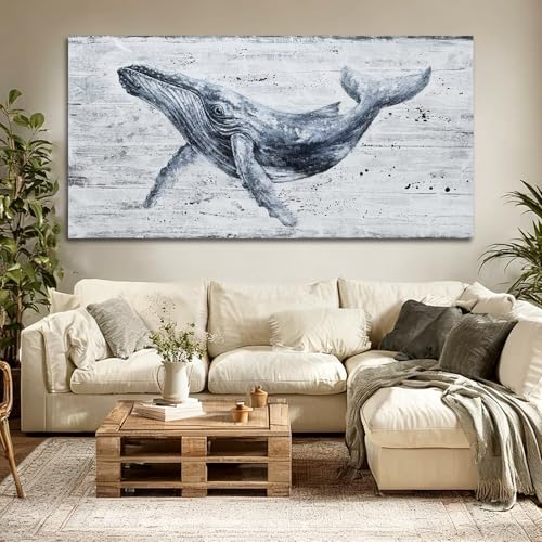 ZUNARE Large Whale Wall Art Monochrome Canvas for Living Room 29x58 Inch - color: Blue, size: 58"L x 29"W
