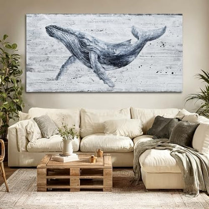 ZUNARE Large Whale Wall Art Monochrome Canvas for Living Room 29x58 Inch - color: Blue, size: 58"L x 29"W