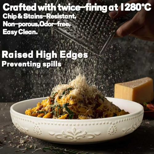 Pasta Bowls, 50oz Large Salad Serving Bowls, 9.75'' Plates Bowl Set of 4, Big White Ceramic Soup Bowl for Kitchen, Embossment Shallow Dinner Bowl, Microwave Dishwasher Safe, Damask Floral - color: White (Damask Floral)