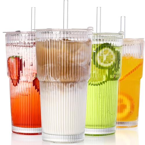 4PCS Ribbed Glass Cups with Lids and Straws, 20oz Vintage Drinking Glasses, Aesthetic Iced Coffee Cups, Glass Tumbler for Boba, Beer, Tea, Cocktails, Ribbed Glassware Set,Clear - color: Crystal-4