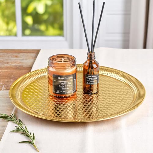 Alisveristime Round Hammered Metal Serving Tray – Ottoman Style, (11.8" Diameter, 12.6 oz) 5 Color Options (Gold) - color: Gold