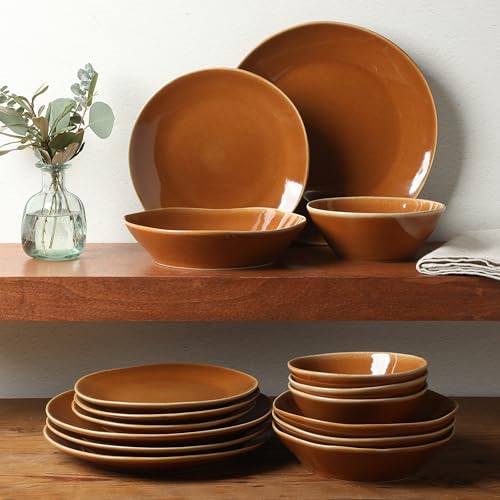 Two Time Oprah's Favorite Things Winner - Montecito Breeze 16 Piece (Service for 4) Double Plates and Bowls Stoneware Reactive Glaze Dinnerware Set - Terracotta Canyon - color: Terracotta Canyon