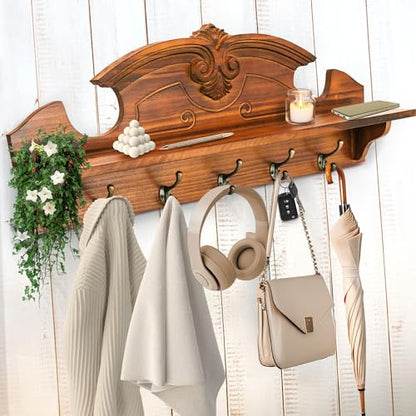Coat Hanger Wall Mount with Shelf - Gorgeous 24" Farmhouse Coat Rack Wall Mount with Shelf with Hooks for Entryway - Wall Mounted Coat Rack for Wall Hanging Coats, Jackets, Purses, Keys (Brown)