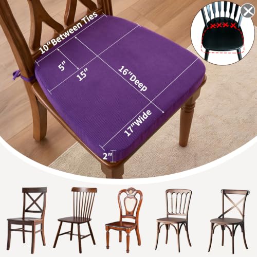Dining Chair Cushions, Purple, 17"x16", Set of 4 | 2" Cooling Gel High-Density Foam, Chair Pads with Ties, Non-Slip Bottom, Removable Washable Cover, For Dining and Kitchen - color: Purple, size: 4 Count (Pack of 1)