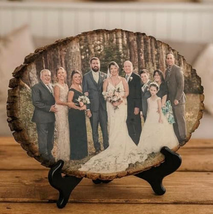 Custom Photo Frame Personalized Photo Prints on Rustic Live Edge Wood | Reclaimed basswood with real bark, optional engraved back message, wall hardware or easel, rustic farmhouse decor