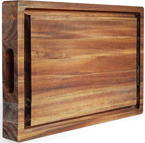 XL Acacia Wood Cutting Board (20x15x1.5in) and Wooden Butcher Block, Chopping Board-Reversible Multipurpose For Meat, Cheese Board, Vegetables, Bread with Juice Groove, Cracker Holder & Inner Handles - size: 20"L x 15"W