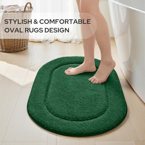 HOMEIDEAS Dark Green Oval Bathroom Rug Sets 2 Piece 20" x 32" + 16" x 24" | Microfiber Bath Mats, Non-Slip TPR Backing, Ultra Absorbent & Quick Dry, Machine Washable for Bathroom, Shower, Tub - color: Dark Green