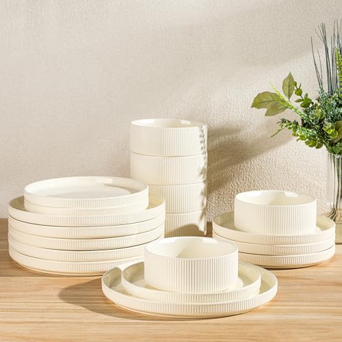 Ceramic Dinnerware Set for 6, 18-Piece Plates and Bowls Set | Lightweight Porcelain Dish Set, Scratch Resistant, Oven & Microwave & Dishwasher Safe, Beige - color: Beige, size: Set (18pcs)