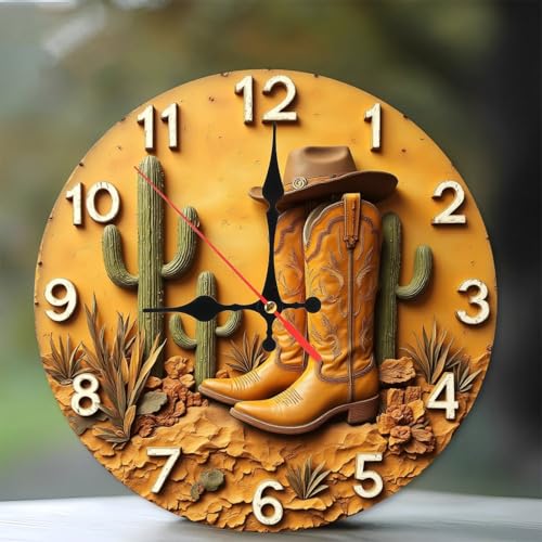 Cowboy Boots Cactus Wall Clock Western Decor 10-Inch Wooden Wall Clock, Silent Movement, Artistic Home Decor - color: Cowboy Boots Cactus, size: 10x10inch(25x25cm)