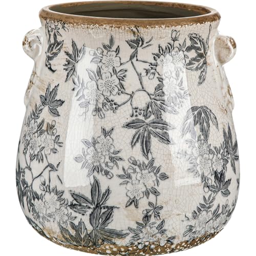 Ceramic Scroll Planter 6.5 Inch Chinoiserie Floral Vase with Drainage Holes Vintage Flower Vase Flower Pot Rustic Ceramic Pots for Indoor Plants Garden Home Bookshelf Decor(Gray Glaze) - style: Gray Glaze