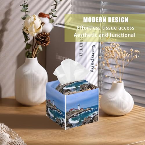 Leather Tissue Box Holder Seaside Lighthouse Tissue Box Cover Facial Paper Case Organizer Cube Napkin Dispenser for Bathroom Vanity Countertop Night Stand Office Car - color: Seaside Lighthouse