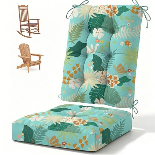 Outdoor Waterproof Rocking Chair Cushion Premium Oxford Patio Chair Cushions Backed Bottom Thick Cotton Rocking Chair Pads 2pcs Set of Upper and Lower with Ties, Cyan Leaves - color: 4#, size: 1 Pack