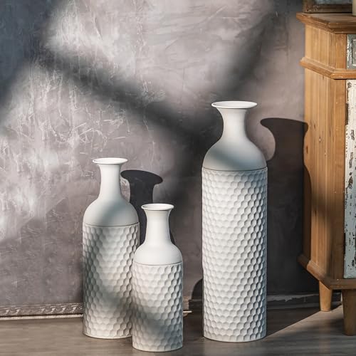 Sziqiqi White Tall Floor Vase, Metal Vases with Honeycomb Texture, 3Pcs | 27/20/16in Tall Large Modern Floor Decor, Big Standing Flower Holder for Living Room, Dining, Bedroom, Hallway, Office - color: White
