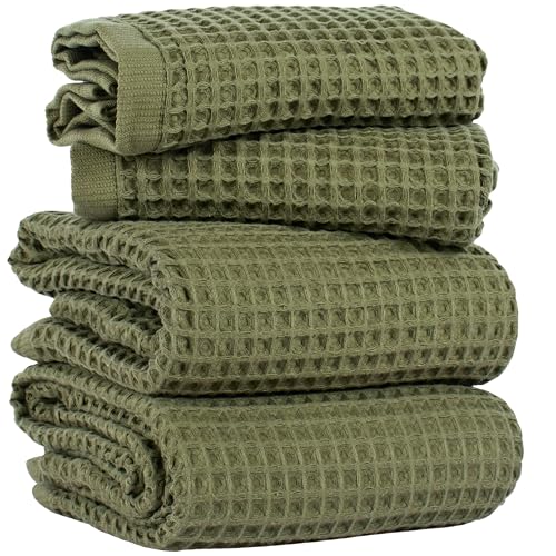 PÜSKÜL Natural 100% Turkish Cotton Waffle Towels Set for Bathroom (4-Piece) | Khaki Green, Large Size 2 Hand and 2 Bath Towel, Quick-Dry Soft Absorbent Premium 3D Honeycomb Weave, Oeko-Tex Made in Turkey - color: Khaki Green