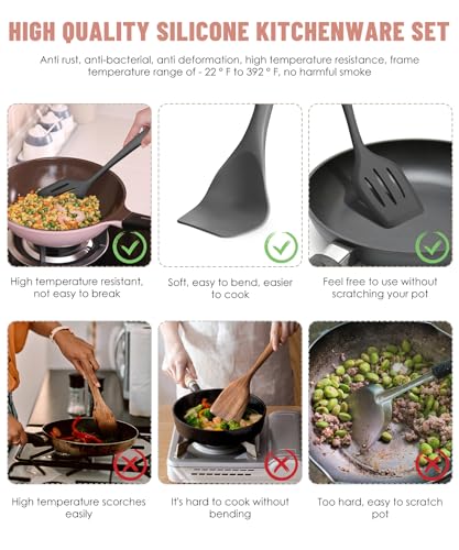 Gray Kitchen Utensils Set-12 Pieces Silicone Cooking Utensils Set | Dishwasher Safe 392°F Heat Resistant Spatula Set Kitchen Utensil Set for Nonstick Cookware,Best Kitchen Tools with Holder - color: Gray