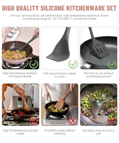 Gray Kitchen Utensils Set-12 Pieces Silicone Cooking Utensils Set | Dishwasher Safe 392°F Heat Resistant Spatula Set Kitchen Utensil Set for Nonstick Cookware,Best Kitchen Tools with Holder - color: Gray