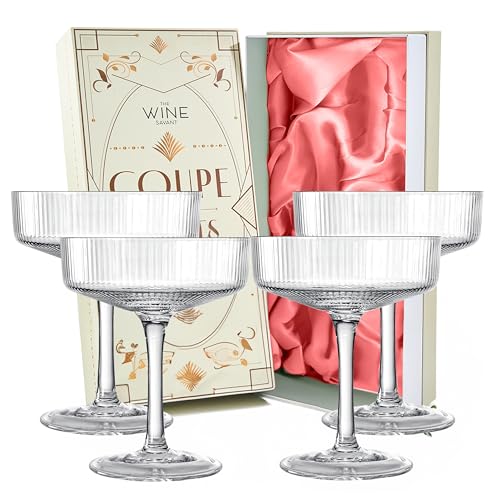 Vintage Art Deco Coupe Glasses, Martini, Champagne & Cocktail Ribbed Glass 7 oz | Set of 4 | Crystal, Manhattan, Cosmopolitan, Sidecar Cocktail Glassware for Champagne , Ripple Glassware - Gift Box - color: Crystal Clear, size: 7 oz (Set of 4)