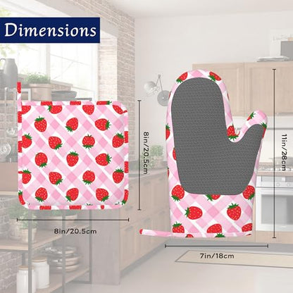 Cute Strawberry Pot Holders and Oven Mitts Set Silicone Pink Check Plaid Kitchen Gloves Potholders Heat Resistant Washable,Chef Cooking Baking Gifts for Women Men Bakers Lover Cooks - color: Cute Strawberry,pink Check Plaid