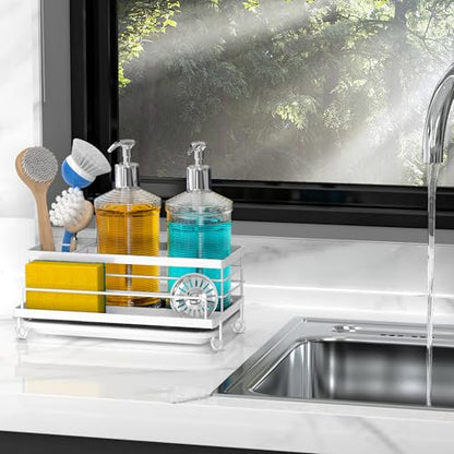 Cisily Sponge Holder for Kitchen, Sink Caddy Organizer, Kitchen Sink Accessories with Drip Tray, Rustproof and Non-slip Kitchen Sink Sponge Holder (White) - color: White