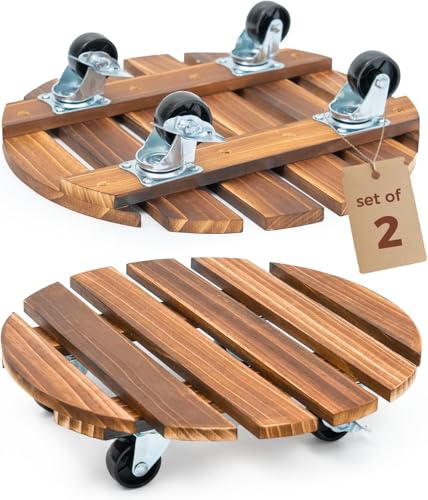 Bamworld Plant Caddy 14 Inch Wood Dolly with Wheels 2 Pack | Heavy-duty plant dollies hold up to 240 lb and use 360-degree locking casters indoors or outdoors. - size: 14inch-Round-2 pack