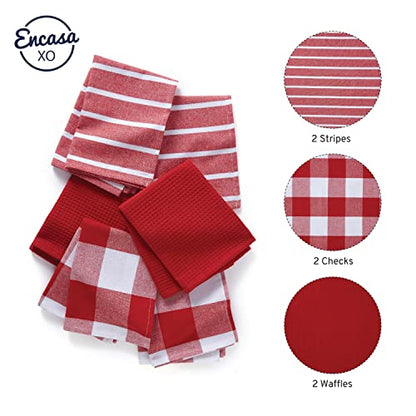 Encasa XO Kitchen Dish Towels, Waffle Weave 28"x18" Red | Heavyweight 100% Cotton | Super Absorbent & Quick Drying | Pre-Shrunk Dishcloths | Set of 6 - color: Red, size: 28x18 in (Set of 6)