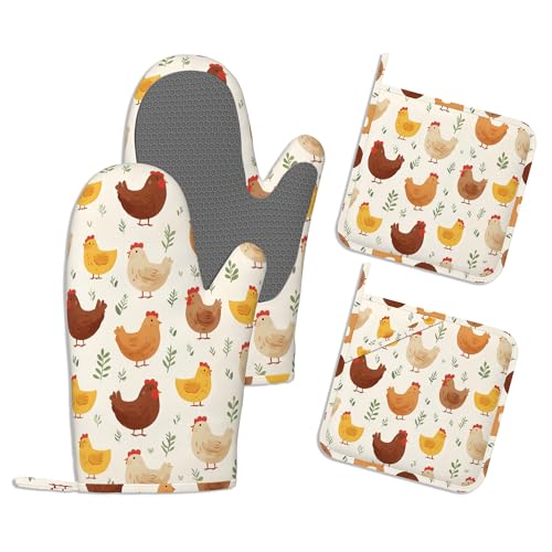 Kitchen Mitts Set,Farmhouse Chicken Oven Mitts and Pot Holders Sets,Thick Cotton Heat Resistant Rustic Hot Pan Holder Extra Long Cooking Mitts for Cooking Baking Grilling BBQ Bakeries - color: Farmhouse Chicken